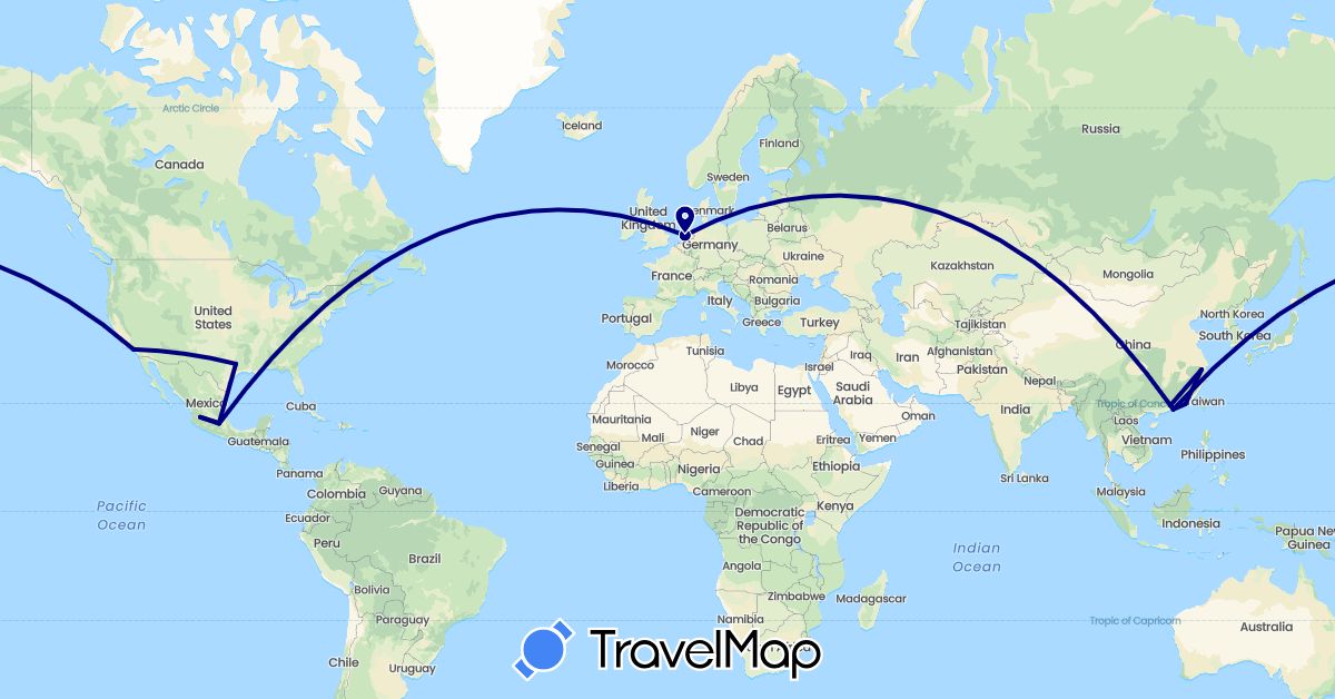 TravelMap itinerary: driving in China, Mexico, Netherlands, United States (Asia, Europe, North America)